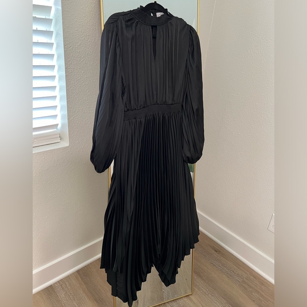 Petal & Pup Black Pleated Midi Dress with Balloon Sleeves - Picture 3 of 5